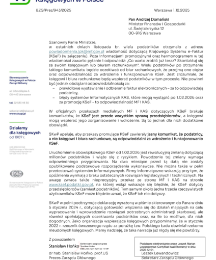 Komunikat Ministerstwa Finansów i Krajowej Administracji Skarbowej w sprawie KSeF – stanowisko SKwP